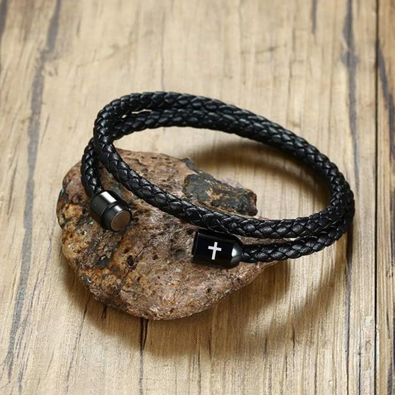 MEALGUET Men's Cross Bracelets Black Genuine Braided Double Wrap Jesus Cross Braided Leather Bracelets with Stainless Steel Clasp for Men Boyfriend,Christian Jewelry Gifts,7.6" - Image 2